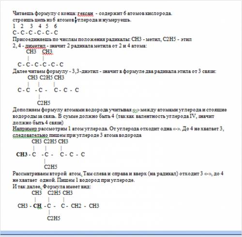 30 за ответ объясните , например имеется структурная формула: 2,4 диметил, 3,3 диэтил, гексан формул