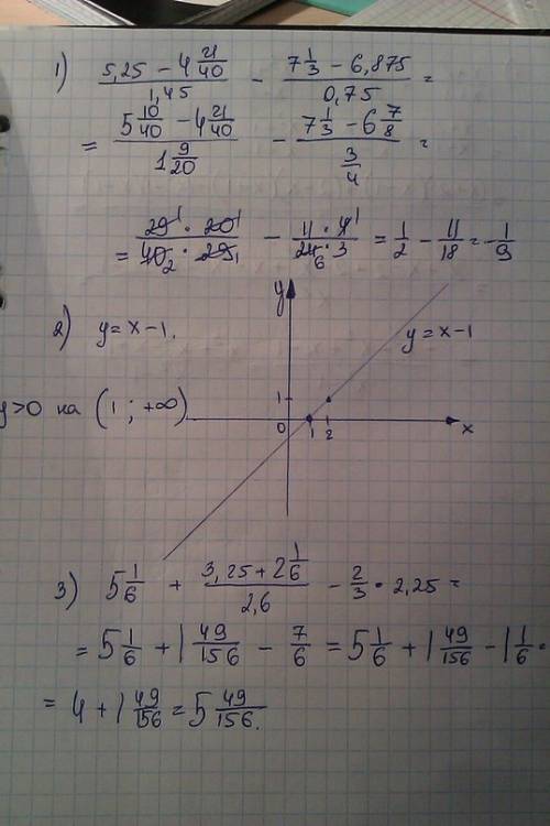1)вычислите : (5.25-4 21/40): 1.45-(7 1/3-6.875): 0.75 2)постройте график функции y=x-1,определите и