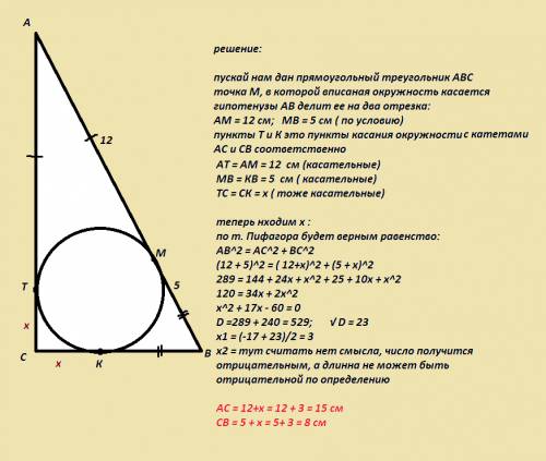Впрямоугольном треугольнике точка каасания вписанной окружности делит гипотенузу на отрезки 5см и 12