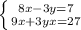 \left \{ {{8x-3y=7} \atop {9x+3yx=27}} \right.