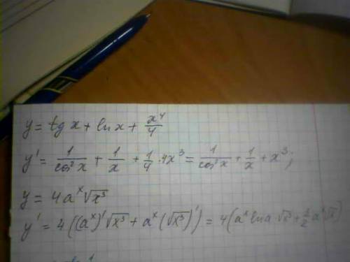 Найти производные. y=tgx+lnx+x^4/4 y=4a^x корень из x^3 y=2ctg1/x y=корени из x/x^2+1