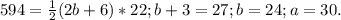 594= \frac{1}{2}(2b+6)*22;b+3=27;b=24;a=30.