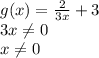 g(x)= \frac{2}{3x} +3&#10;\\\&#10;3x \neq 0&#10;\\\&#10;x \neq 0&#10;
