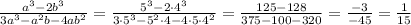 \frac{a^3-2b^3}{3a^3-a^2b-4ab^2}=&#10; \frac{5^3-2\cdot4^3}{3\cdot5^3-5^2\cdot4-4\cdot5\cdot4^2}=&#10; \frac{125-128}{375-100-320}=&#10; \frac{-3}{-45}= \frac{1}{15}