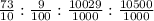 \frac{73}{10} : \frac{9}{100} : \frac{10029}{1000} : \frac{10500}{1000}