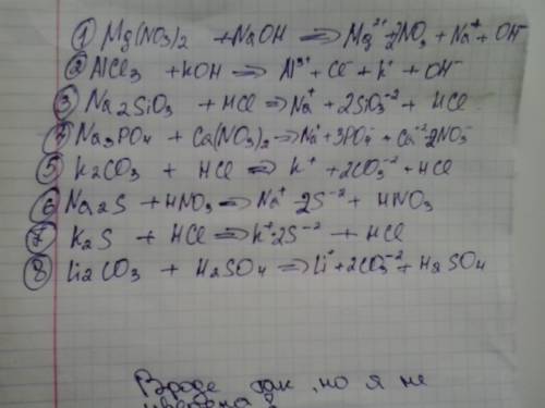 Написать уравнения диссоциации (полные и краткие) 1)mg(no3)2+naoh 2)alcl3+koh 3)na2sio3 +hcl 4)na3po