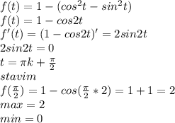 f(t)=1-(cos^2t-sin^2t)\\&#10;f(t)=1-cos2t\\&#10;f'(t)=(1-cos2t)'=2sin2t\\&#10;2sin2t=0\\&#10;t=\pi\*k+\frac{\pi}{2}\\&#10;stavim\\&#10;f(\frac{\pi}{2})=1-cos(\frac{\pi}{2}*2)=1+1=2\\&#10;max=2\\&#10;min=0&#10;