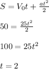 S=V_0t+\frac{at^2}{2}&#10;\\\\50=\frac{25t^2}{2}&#10;\\\\100=25t^2&#10;\\\\t=2