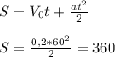 S=V_0t+\frac{at^2}{2}&#10;\\\\S=\frac{0,2*60^2}{2}=360