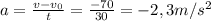 a = \frac{v - v_{0}}{t} = \frac{-70}{30} = -2,3 m/s^{2}