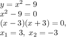 y=x^2-9\\x^2-9=0\\(x-3)(x+3)=0,\\x_1=3,\;x_2=-3