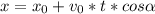 x = x_{0} + v_{0}*t *cos \alpha