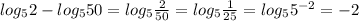 log_{5}2- log_{5}50= log_{5} \frac{2}{50}= log_{5} \frac{1}{25}= log_{5} 5^{-2} =-2