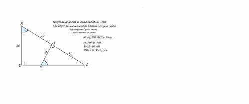 Гипотенуза ab=34 см, катет bc=16 см. определить длину перпендикуляра, восстановленного к гипотенузе