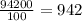 \frac{94200}{100}=942