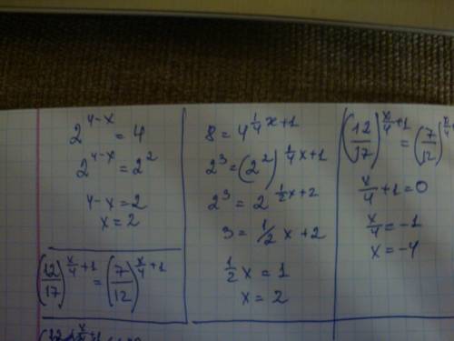 2в степени 4-х =4 8=4 в степени 1/4х+1 (12/17) в степени х/4+1= (7/12) в степени х/4+1