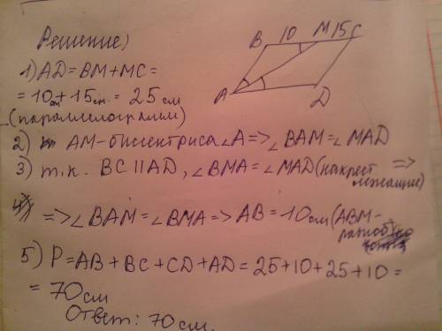 Найти периметр параллелограмма abcd,если биссектриса угла a делит сторону bc на отрезки 10 и 15 см.