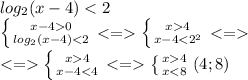 &#10;log_2(x-4) < 2\\\&#10; \left \{ {{x-40} \atop {log_2(x-4) < 2}} \right.<= \left \{ {{x4} \atop {x-4<2^2}} \right. <=\\\&#10;<= \left \{ {{x4} \atop {x-4<4}} \right. <= \left \{ {{x4} \atop {x<8}} \right. &#10;(4; 8)