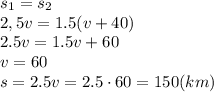 s_1=s_2&#10;\\\&#10;2,5v=1.5(v+40)&#10;\\\&#10;2.5v=1.5v+60&#10;\\\&#10;v=60&#10;\\\&#10;s=2.5v=2.5\cdot60=150(km)