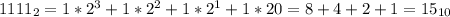 1111_{2} = 1*2^{3} + 1*2^{2} + 1*2^{1} + 1*2{0} = 8 + 4 + 2 + 1 = 15_{10}