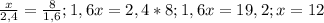 \frac{x}{2,4} = \frac{8}{1,6} ;
1,6x=2,4*8;
1,6x=19,2;
x=12