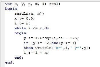 Вычислите значение функции y(x)=1,6x^3-1,5.x∈[n; m].шаг по x=0,5. выдать на печать значения функции,