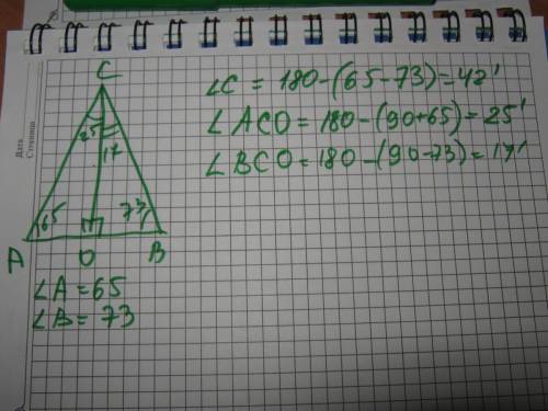 Втреугольнике abc угол a равен 65 градусов,угол b равен 73 градуса.найдите углы,которые образует выс
