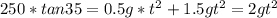 250*tan{35}=0.5g*t^{2}+1.5gt^{2}=2gt^{2}