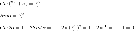 Cos(\frac{3\pi }{2}+\alpha)=\frac{\sqrt{2} }{2}\\\\Sin\alpha=\frac{\sqrt{2} }{2}\\\\Cos2\alpha=1-2Sin^{2}\alpha=1-2*(\frac{\sqrt{2} }{2})^{2}=1-2*\frac{1}{2}=1-1=0