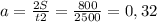 a= \frac{2S}{t2} = \frac{800}{2500} =0,32