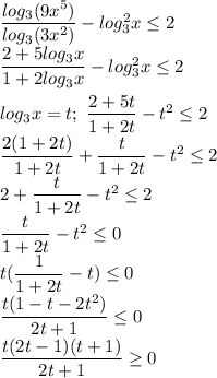 \dfrac{log_3(9x^5)}{log_3(3x^2)}-log_3^2x \leq 2\\ \dfrac{2+5log_3x}{1+2log_3x}-log_3^2x \leq 2\\ \\ log_3x=t; \ \dfrac{2+5t}{1+2t}-t^2\leq 2\\ \dfrac{2(1+2t)}{1+2t}+\dfrac{t}{1+2t}-t^2\leq 2\\ 2+\dfrac{t}{1+2t}-t^2\leq 2\\ \dfrac{t}{1+2t}-t^2\leq 0\\ t(\dfrac{1}{1+2t}-t)\leq 0\\ \dfrac{t(1-t-2t^2)}{2t+1}\leq 0\\ \dfrac{t(2t-1)(t+1)}{2t+1}\geq 0