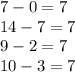 7-0=7\\14-7=7\\9-2=7\\10-3=7