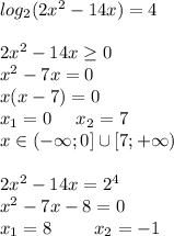 log_2(2x^2-14x)=4 \\ \\ 2x^2-14x\geq0 \\ x^2-7x=0\\ x(x-7)=0 \\ x_1=0\ \ \ \ x_2=7 \\ x \in (-\infty; 0] \cup [7;+\infty) \\ \\ 2x^2-14x=2^4\\ x^2-7x-8=0 \\ x_1=8\ \ \ \ \ \ \ x_2=-1