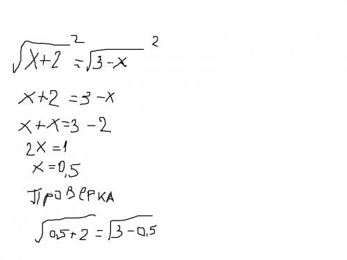 Решите уравнение: корень из x+2 = корню из 3-x