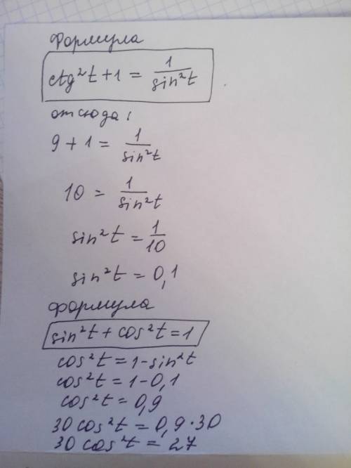 Вычислите значение выражения 30cos^2a, если ctga=3 подробнее