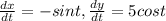 \frac{dx}{dt}=-sint, \frac{dy}{dt}=5cost