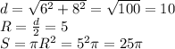 d= \sqrt{6 ^{2}+8 ^{2} }= \sqrt{100} =10 \\&#10;R= \frac{d}{2} =5\\&#10;S= \pi R ^{2} = 5^{2} \pi =25 \pi &#10;