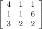 \left[\begin{array}{ccc}4&1&1\\1&1&6\\3&2&2\end{array}\right]