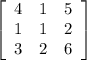 \left[\begin{array}{ccc}4&1&5\\1&1&2\\3&2&6\end{array}\right]