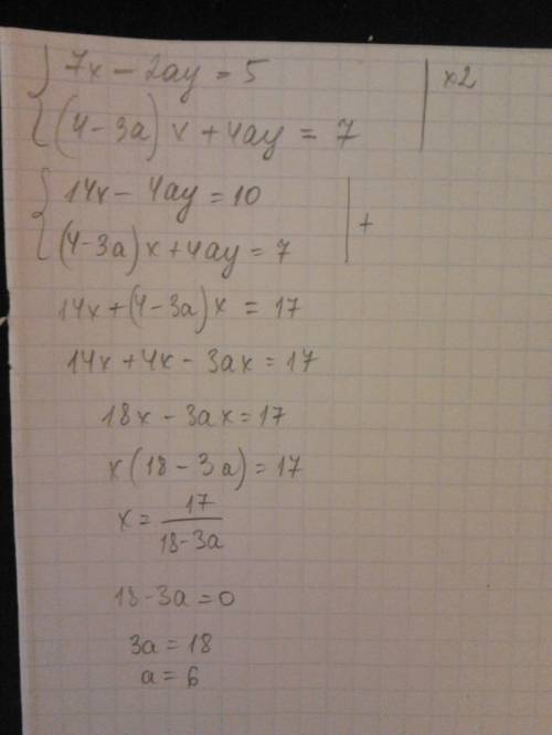 Система уравнений 7x-2ay=5 (4-3a)x+4ay=7 не имеет решений при следующих значениях а?