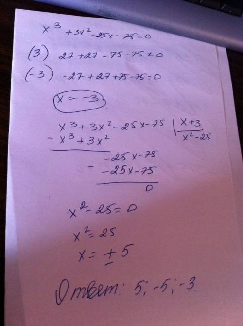 Решите уравнение: x^3+3x^2-25x-75=0