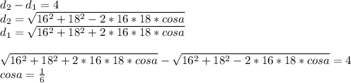 d_{2}-d_{1}=4\\&#10;d_{2}=\sqrt{16^2+18^2-2*16*18*cosa}\\&#10;d_{1}=\sqrt{16^2+18^2+2*16*18*cosa}\\&#10;\\&#10;\sqrt{16^2+18^2+2*16*18*cosa}-\sqrt{16^2+18^2-2*16*18*cosa}=4\\&#10;cosa=\frac{1}{6}\\&#10;