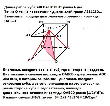 Длина ребра куба abcda1b1c1d1 равна 6 дм. точка o-точка пересечения диагоналей грани a1b1c1d1. вычес