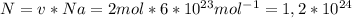 N=v*Na=2mol*6*10^{23}mol^{-1}=1,2*10^{24}