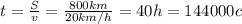 t= \frac{S}{v} = \frac{800km}{20km/h} =40h=144000c