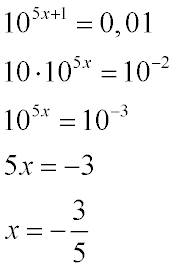 Найдите корень уравнения: 10^5x+1=0,01