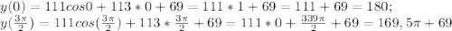 y(0) = 111cos0+113*0+69 = 111*1+69 =111+69=180;\\y(\frac{3\pi }{2} )= 111cos (\frac{3\pi }{2} ) +113* \frac{3\pi }{2} +69 = 111*0 +\frac{339\pi }{2} +69= 169,5\pi +69