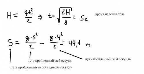 Тело свободно падает с высоты 122,5 м. определите путь, пройденный телом за последнюю секунду своего