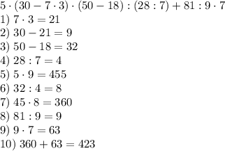 5\cdot(30-7\cdot3)\cdot(50-18):(28:7)+81:9\cdot7\\1)\;7\cdot3=21\\2)\;30-21=9\\3)\;50-18=32\\4)\;28:7=4\\5)\;5\cdot9=455\\6)\;32:4=8\\7)\;45\cdot8=360\\8)\;81:9=9\\9)\;9\cdot7=63\\10)\;360+63=423