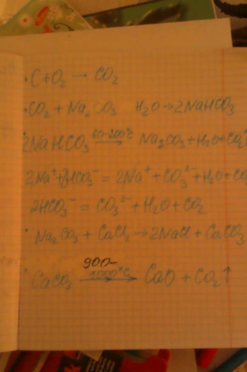 С-> co2-> nahco3-> na2co3-> caco3-> cao составьте ура-е реакций в молекулярной и ионн